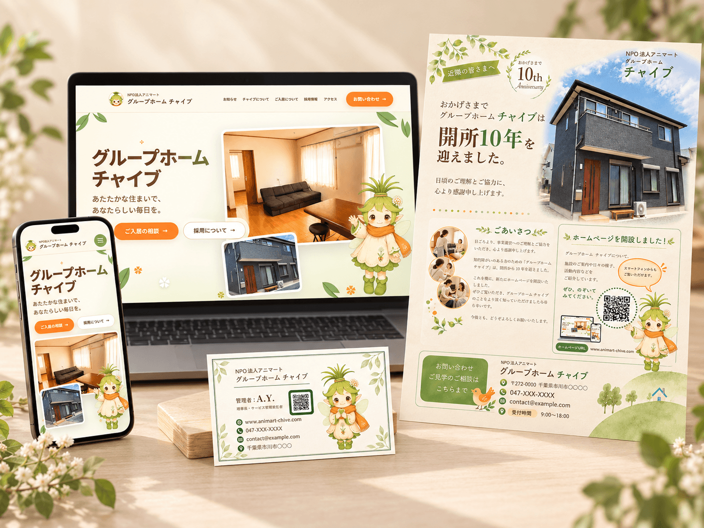 チャイブ様のWebサイト、10周年記念チラシ、名刺をまとめたトータルデザイン